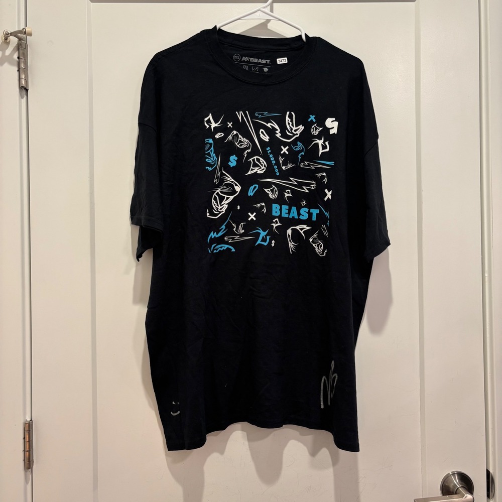 MrBeast Mens Graphic T-Shirt Black Blue White Sub to Beast Logo 2XL